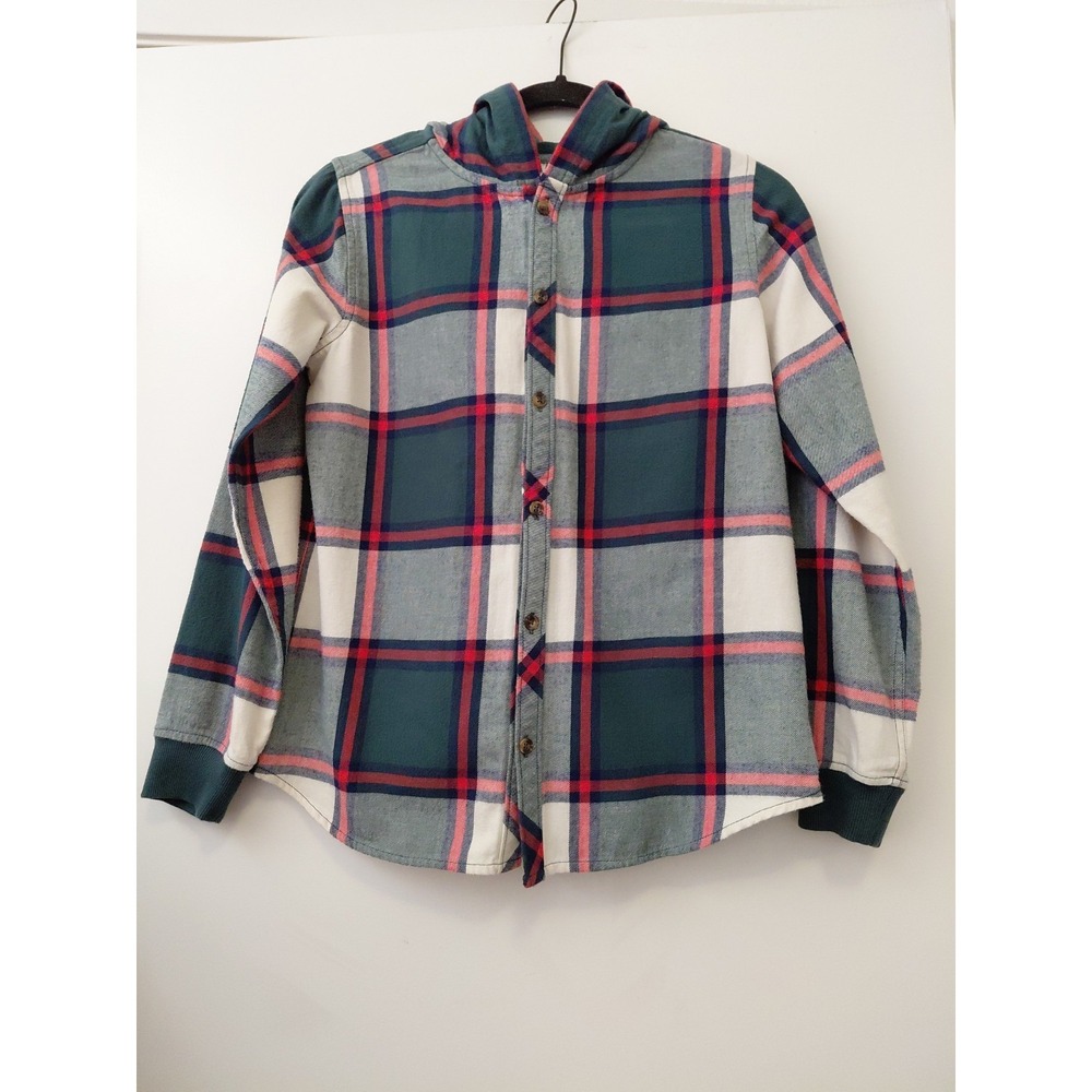 Hanna Anderson Boys Flannel Button Front Shirt With Hood Plaid Red & Green 12